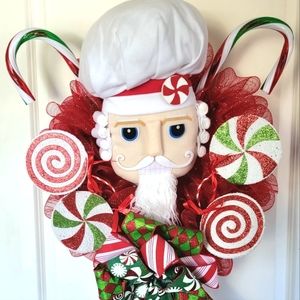 Christmas Santa Chef Wreath Deco Mesh Candy Canes Baker